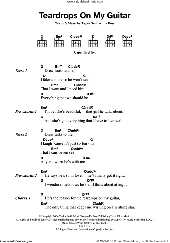 Teardrops On My Guitar sheet music for guitar (chords) by Taylor Swift and Liz Rose, intermediate skill level