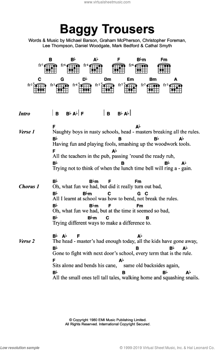 Baggy Trousers sheet music for guitar (chords) by Madness, Cathal Smyth, Christopher Foreman, Daniel Woodgate, Graham McPherson, Lee Thompson, Mark Bedford and Michael Barson, intermediate skill level