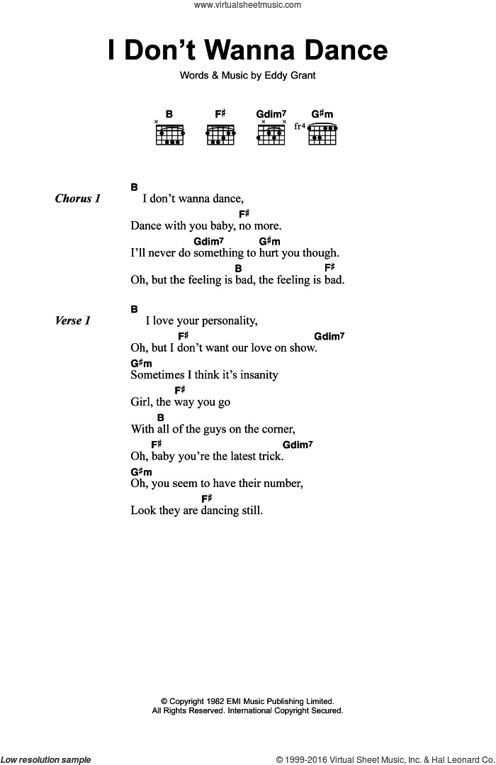 I Don't Wanna Dance sheet music for guitar (chords) by Eddy Grant, intermediate skill level
