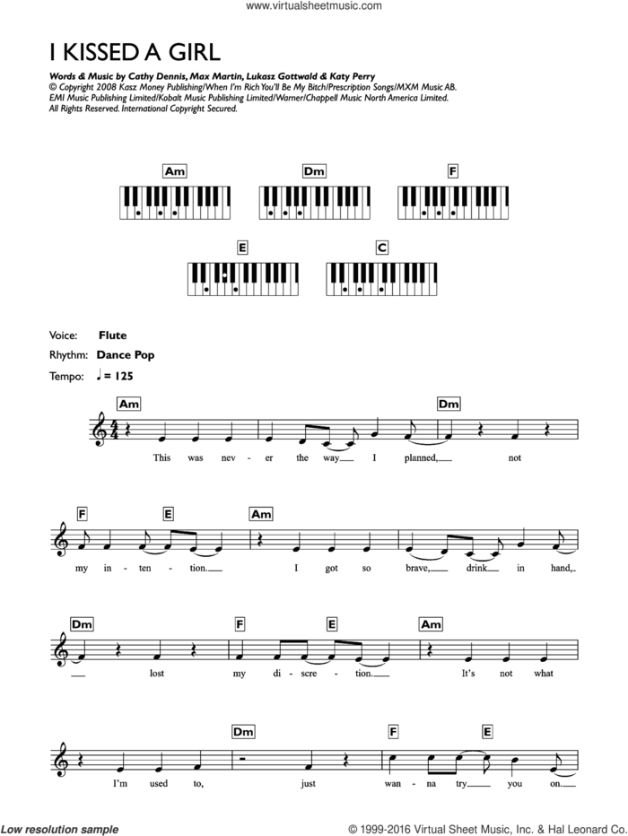 I Kissed A Girl sheet music for piano solo (chords, lyrics, melody) by Katy Perry, Cathy Dennis, Lukasz Gottwald and Max Martin, intermediate piano (chords, lyrics, melody)
