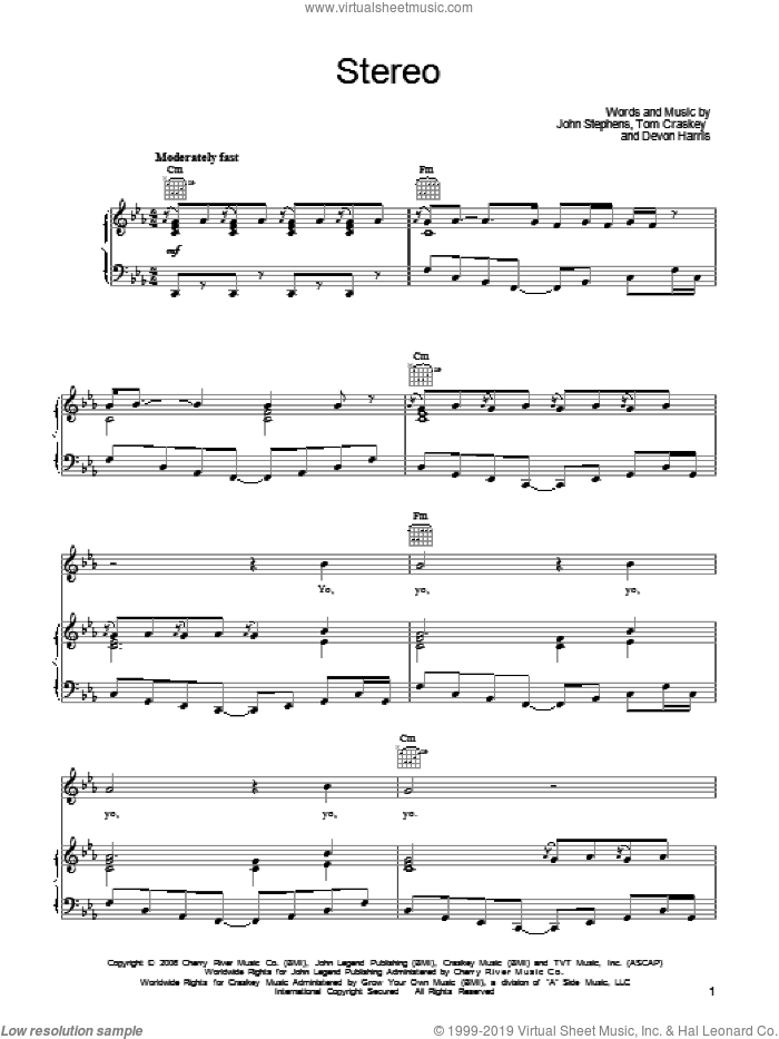 Stereo sheet music for voice, piano or guitar by John Legend, DeVon Harris, John Stephens and Tom Craskey, intermediate skill level