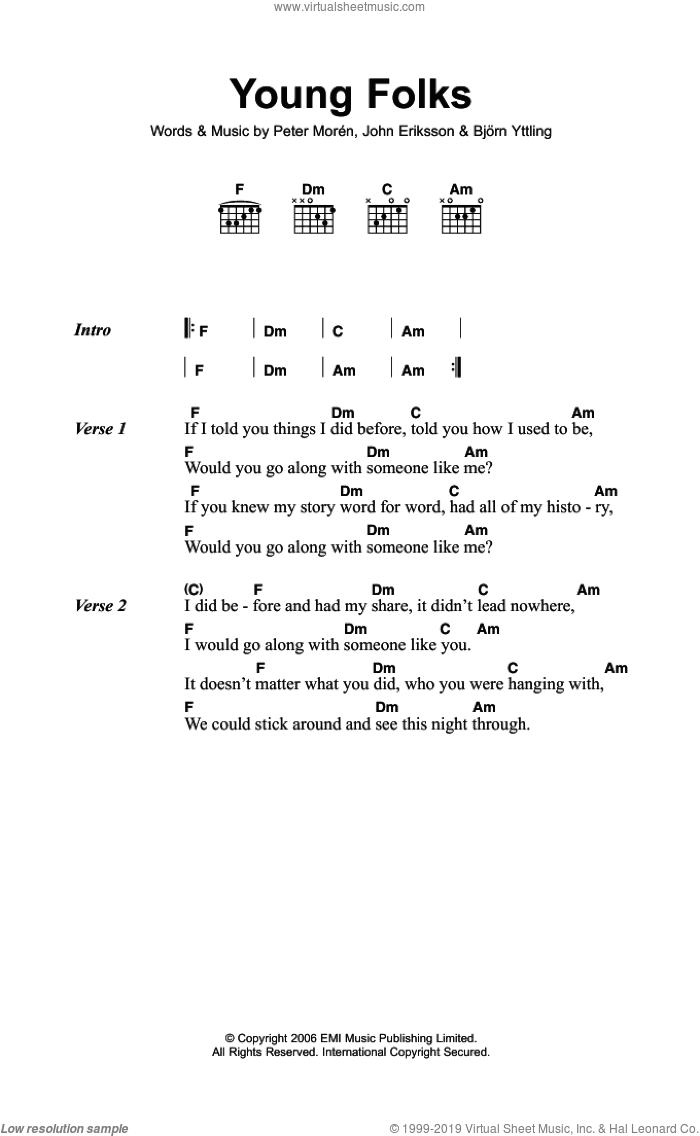 Young Folks sheet music for guitar (chords) by Peter, Bjorn & John, Bjorn Yttling, John Eriksson and Peter Moren, intermediate skill level