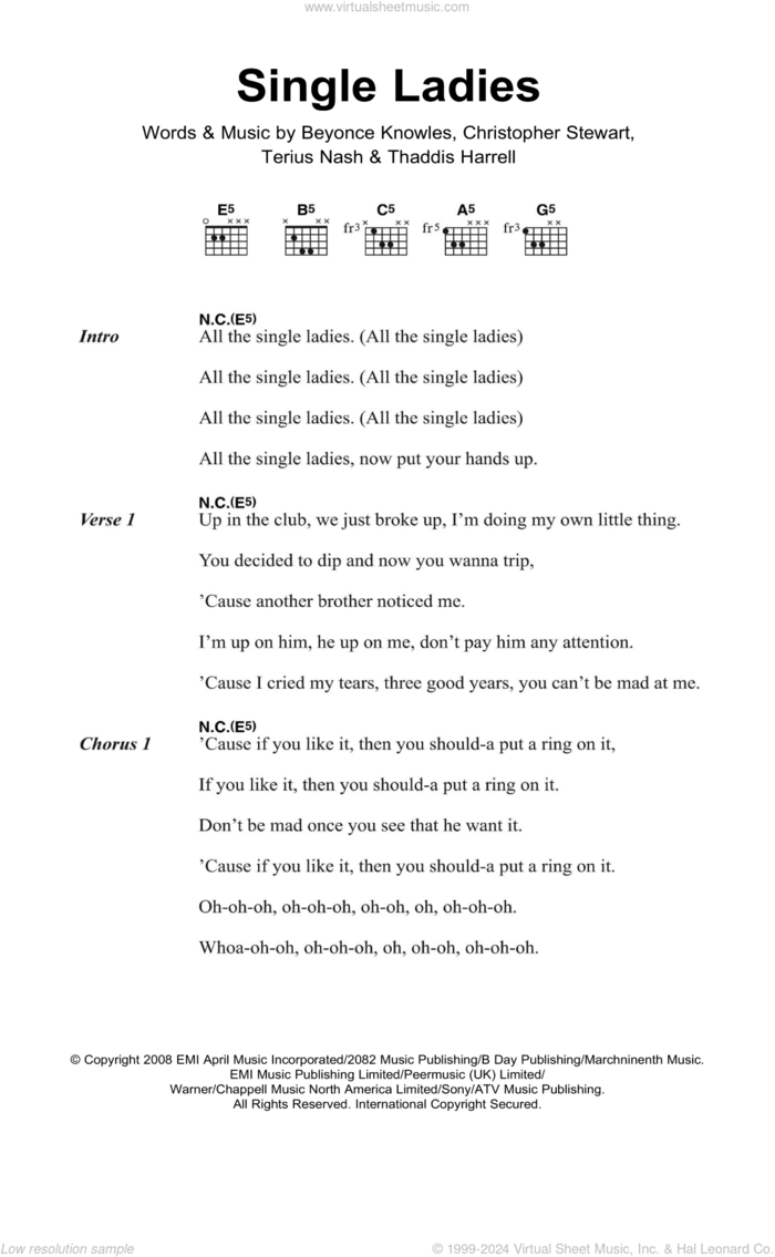 Single Ladies sheet music for guitar (chords) by Beyonce, Christopher Stewart, Terius Nash and Thaddis Harrell, intermediate skill level