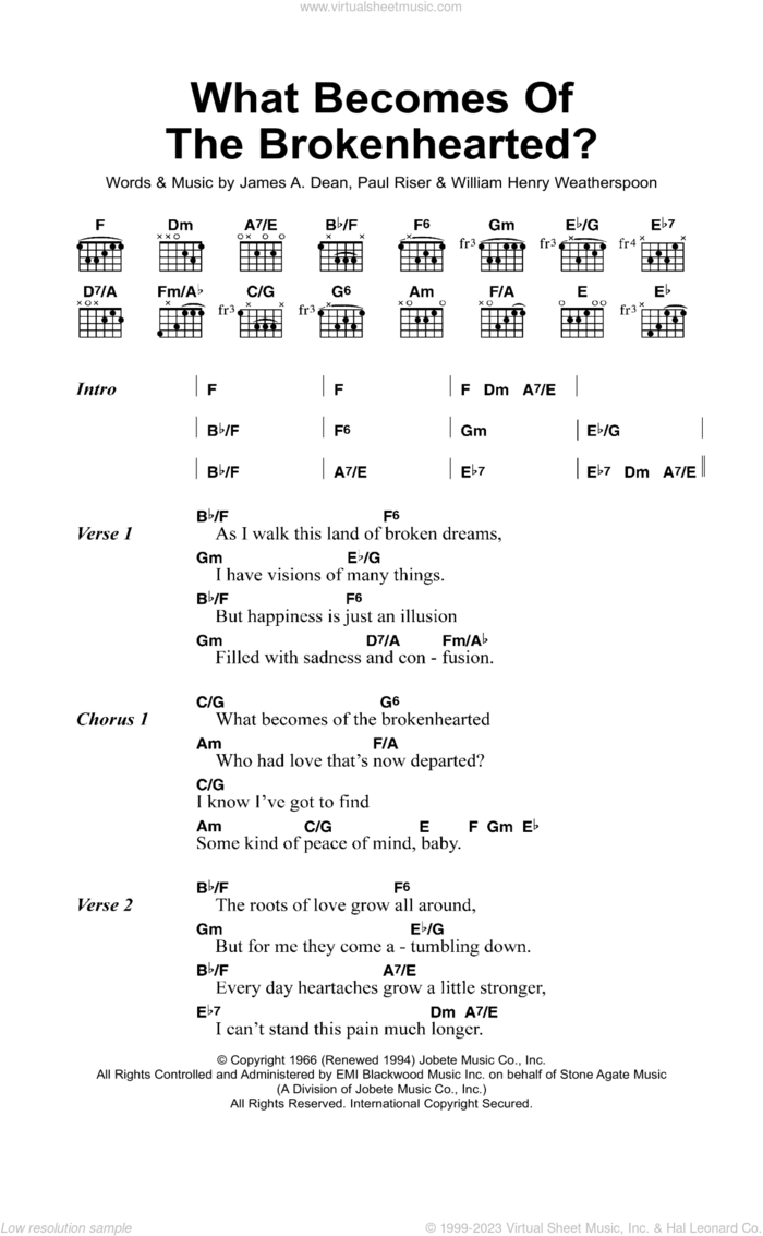 What Becomes Of The Brokenhearted? sheet music for guitar (chords) by Jimmy Ruffin, James Dean, Paul Riser and William Weatherspoon, intermediate skill level