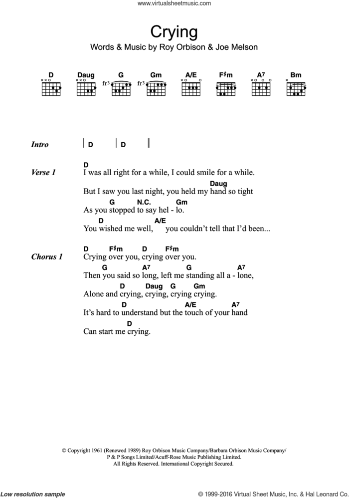 Crying sheet music for guitar (chords) by Roy Orbison and Joe Melson, intermediate skill level