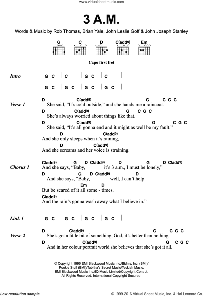 3 A.M. sheet music for guitar (chords) by Matchbox Twenty, Brian Yale, John Joseph Stanley, John Leslie Goff and Rob Thomas, intermediate skill level