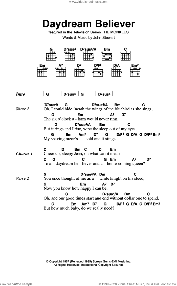 Daydream Believer sheet music for guitar (chords) by The Monkees and John Stewart, intermediate skill level