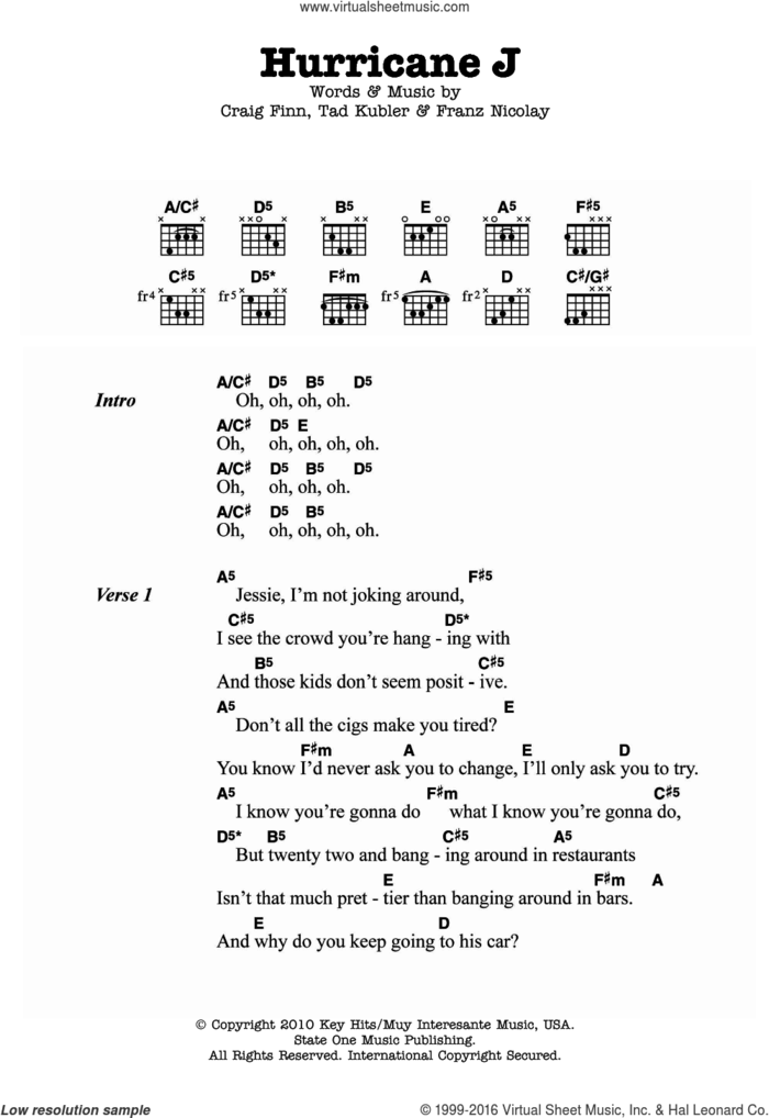 Hurricane J sheet music for guitar (chords) by The Hold Steady, Craig Finn, Franz Nicolay and Tad Kubler, intermediate skill level