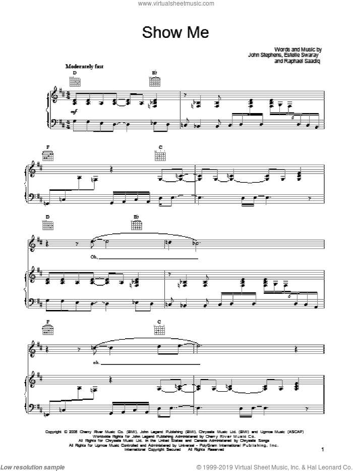 Show Me sheet music for voice, piano or guitar by John Legend, Estelle Swaray, John Stephens and Raphael Saadiq, intermediate skill level