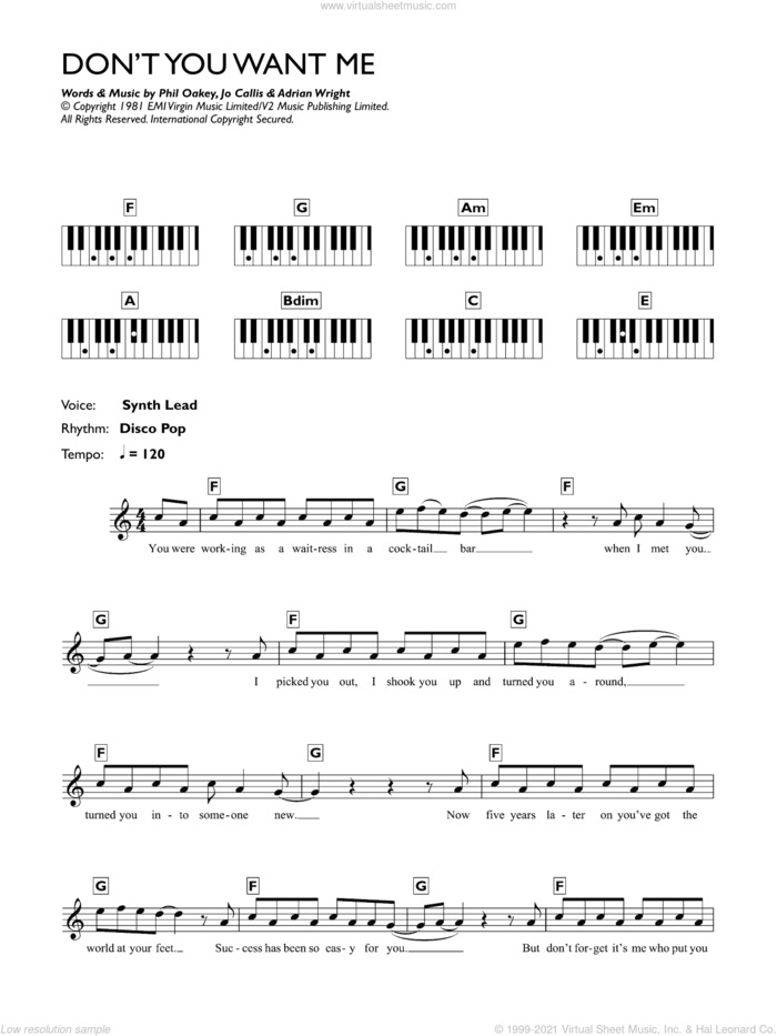Don't You Want Me sheet music for piano solo (chords, lyrics, melody) by The Human League, Adrian Wright, Jo Callis and Phil Oakey, intermediate piano (chords, lyrics, melody)