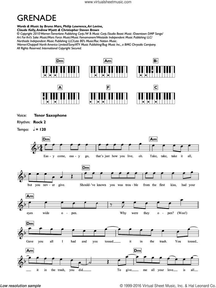 Grenade sheet music for piano solo (keyboard) by Bruno Mars, Andrew Wyatt, Ari Levine, Christopher Steven Brown, Claude Kelly and Philip Lawrence, intermediate piano (keyboard)