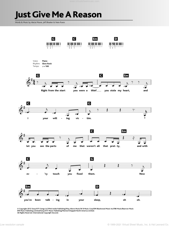 Just Give Me A Reason (featuring Nate Ruess) sheet music for piano solo (chords, lyrics, melody) by Jeff Bhasker, Miscellaneous, Alecia Moore and Nate Ruess, intermediate piano (chords, lyrics, melody)
