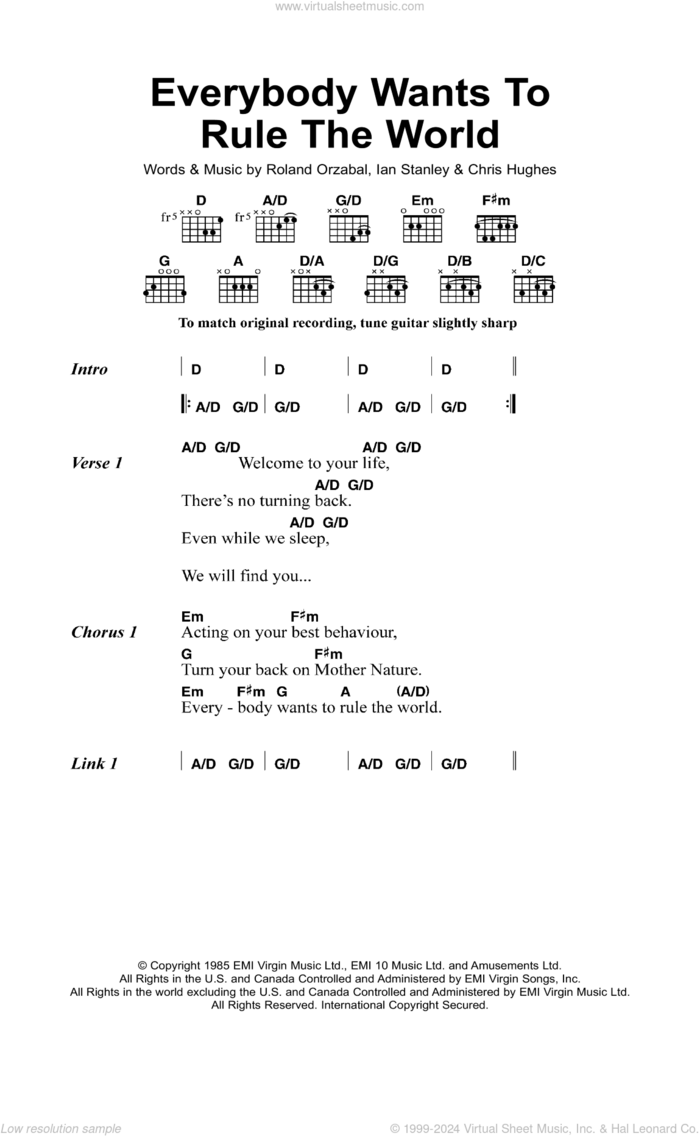 Everybody Wants To Rule The World sheet music for guitar (chords) by Tears For Fears, Chris Hughes, Ian Stanley and Roland Orzabal, intermediate skill level