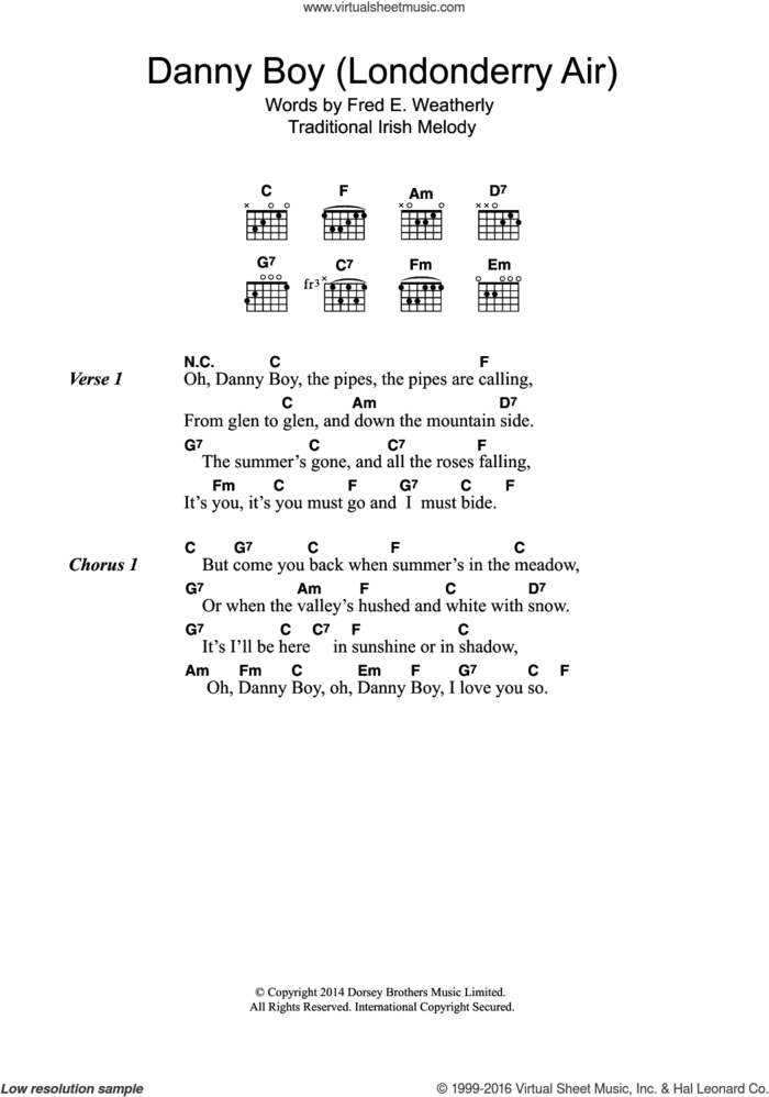 Danny Boy (Londonderry Air) sheet music for guitar (chords)  and Fred E. Weatherly, intermediate skill level