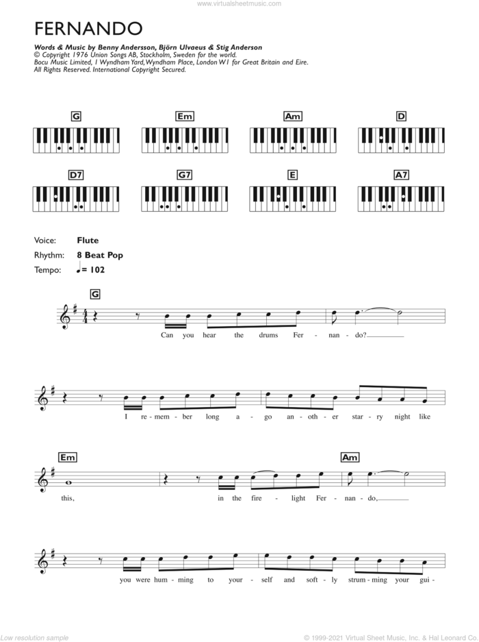 Fernando sheet music for piano solo (chords, lyrics, melody) by ABBA, Benny Andersson, Bjorn Ulvaeus and Stig Anderson, intermediate piano (chords, lyrics, melody)