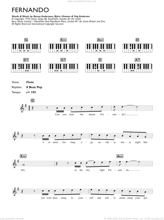 Fernando sheet music for piano solo (chords, lyrics, melody) by ABBA, Benny Andersson, Bjorn Ulvaeus and Stig Anderson, intermediate piano (chords, lyrics, melody)