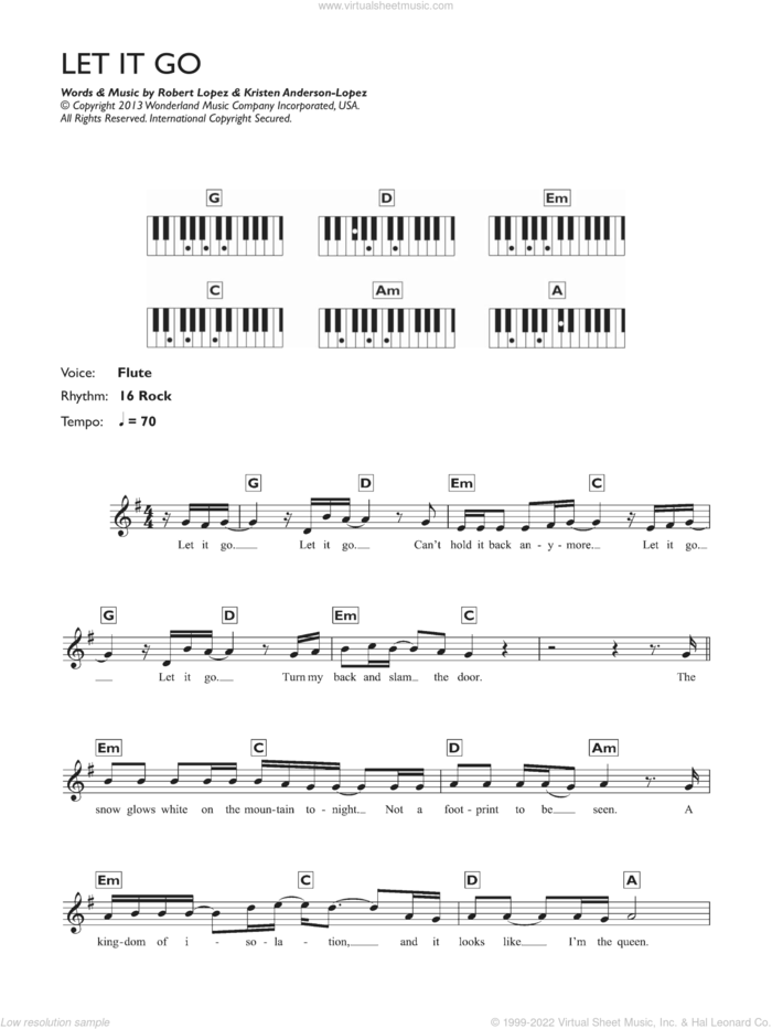 Let It Go (from Frozen) (Demi Lovato version) sheet music for piano solo (chords, lyrics, melody) by Demi Lovato, Idina Menzel, Kristen Anderson-Lopez and Robert Lopez, intermediate piano (chords, lyrics, melody)