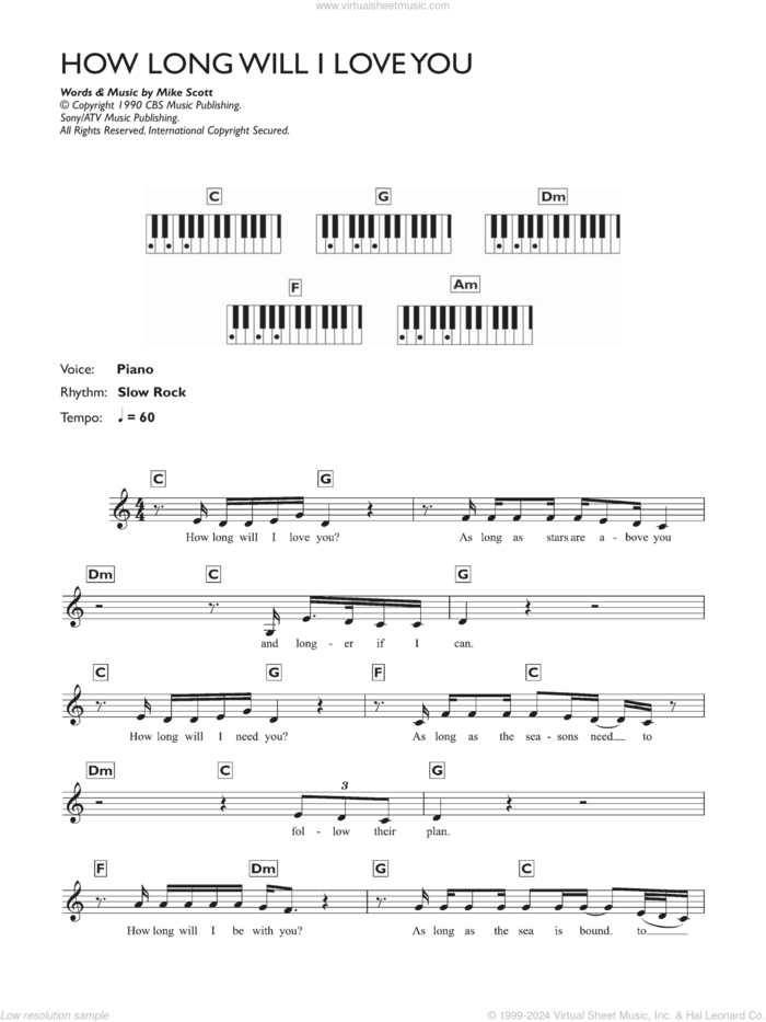 How Long Will I Love You sheet music for piano solo (chords, lyrics, melody) by Ellie Goulding and Mike Scott, wedding score, intermediate piano (chords, lyrics, melody)