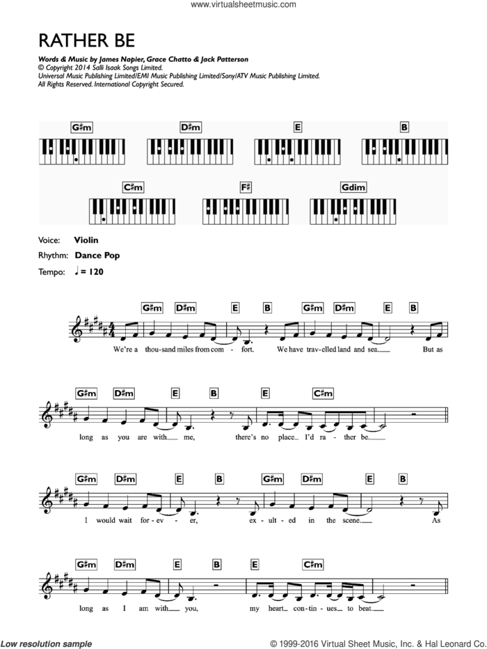 Rather Be (featuring Jess Glynne) sheet music for piano solo (chords, lyrics, melody) by Clean Bandit, Jess Glynne, Grace Chatto, Jack Patterson and James Napier, intermediate piano (chords, lyrics, melody)