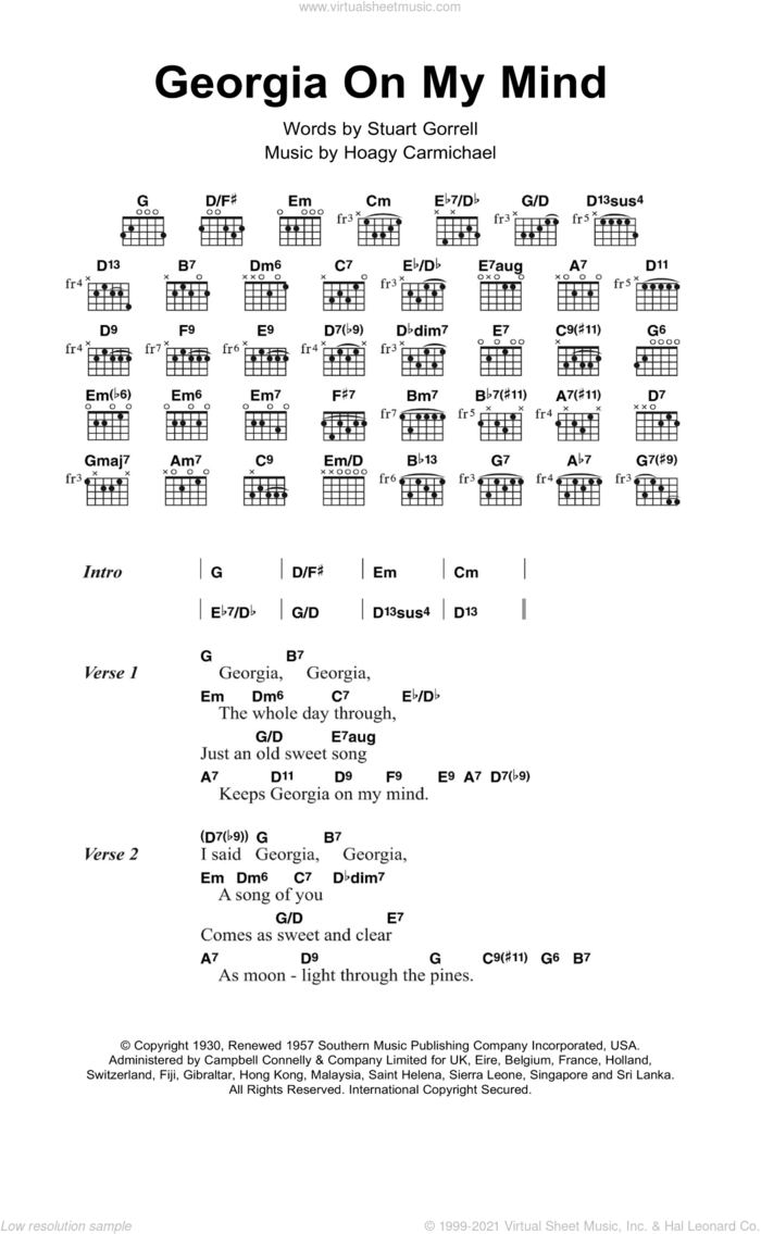 Georgia On My Mind sheet music for guitar (chords) by Hoagy Carmichael and Stuart Gorrell, intermediate skill level