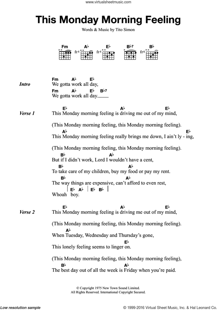 This Monday Morning Feeling sheet music for guitar (chords) by Tito Simon, intermediate skill level