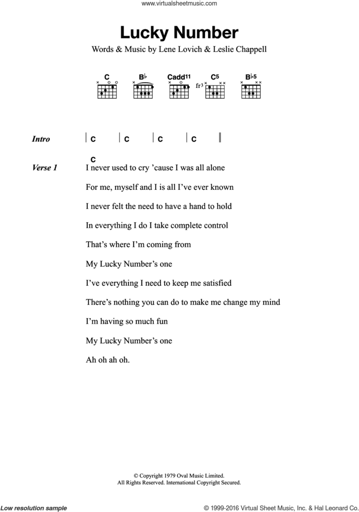 Lucky Number sheet music for guitar (chords) by Lene Lovich and Leslie Chappell, intermediate skill level