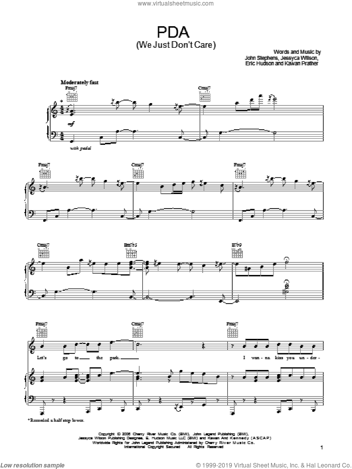 PDA (We Just Don't Care) sheet music for voice, piano or guitar by John Legend, Eric Hudson, Jessyca Wilson, John Stephens and Kawan Prather, intermediate skill level
