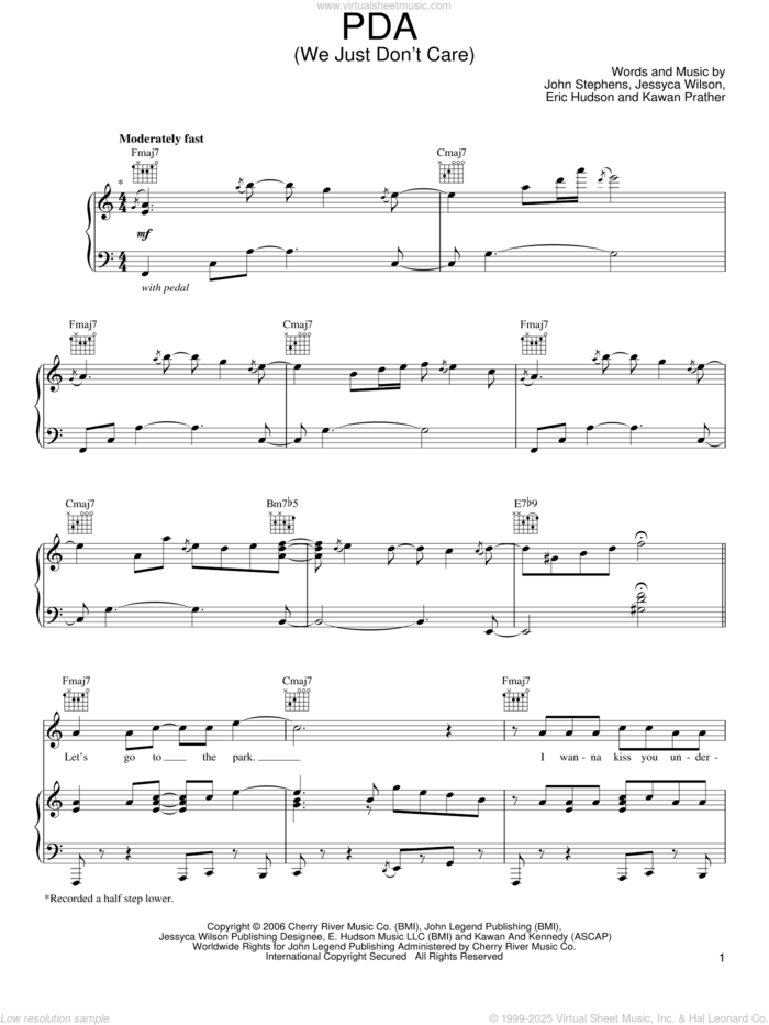 PDA (We Just Don't Care) sheet music for voice, piano or guitar by John Legend, Eric Hudson, Jessyca Wilson, John Stephens and Kawan Prather, intermediate skill level