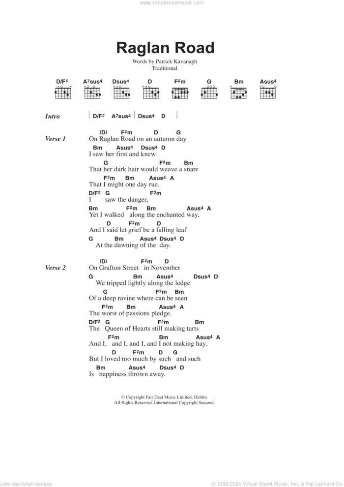 Raglan Road sheet music for guitar (chords) by Traditional Irish, Miscellaneous and Patrick Kavanagh, intermediate skill level