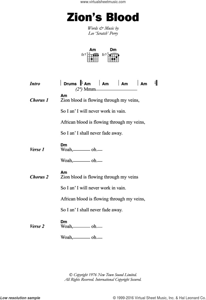 Zion's Blood sheet music for guitar (chords) by Lee "Scratch" Perry & The Upsetters and Lee Perry, intermediate skill level