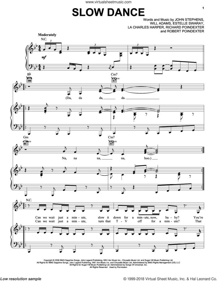 Slow Dance sheet music for voice, piano or guitar by John Legend, Estelle Swaray, John Stephens, Lewis Poindexter and Will Adams, intermediate skill level