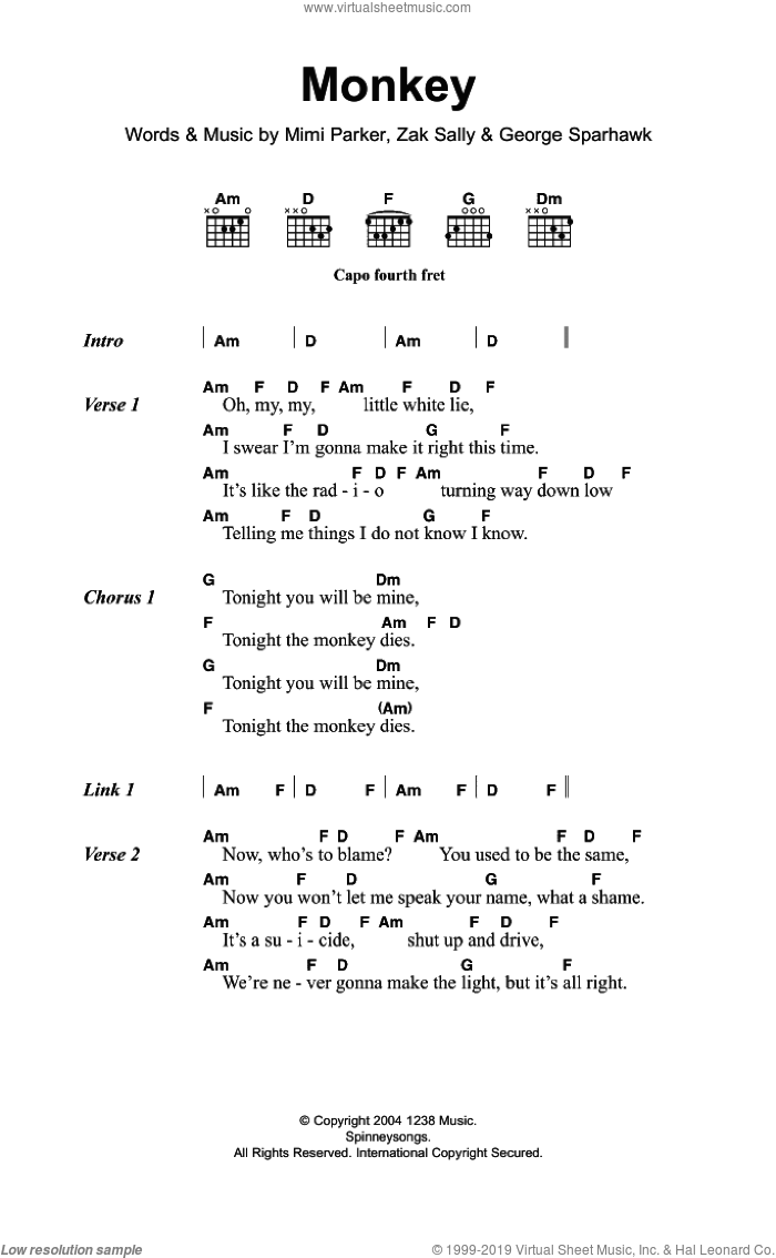 Monkey sheet music for guitar (chords) by Low, George Sparhawk, Mimi Parker and Zak Sally, intermediate skill level
