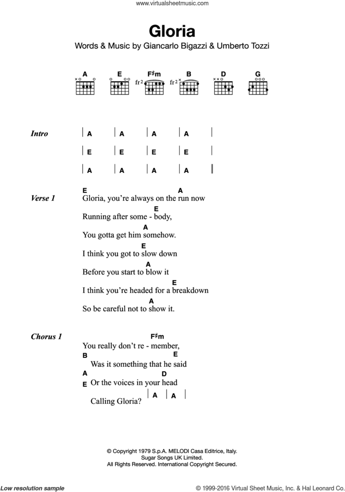 Gloria sheet music for guitar (chords) by Laura Branigan, Giancarlo Bigazzi and Umberto Tozzi, intermediate skill level