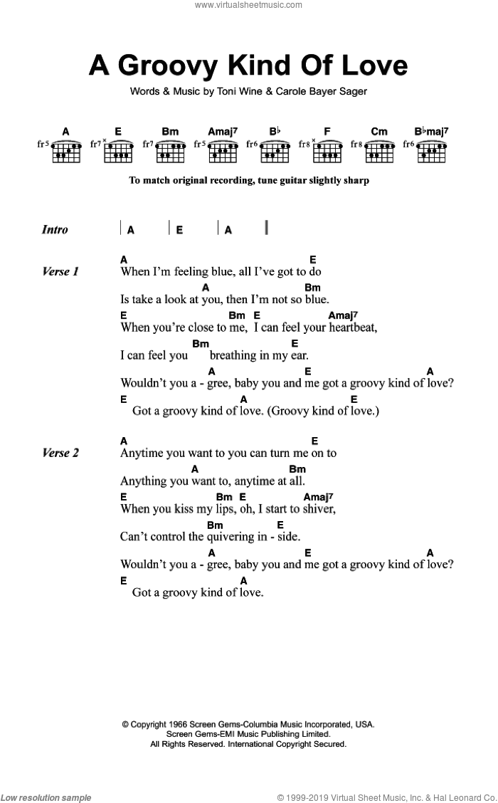 A Groovy Kind of Love sheet music for guitar (chords) by The Mindbenders, Carole Bayer Sager and Toni Wine, intermediate skill level