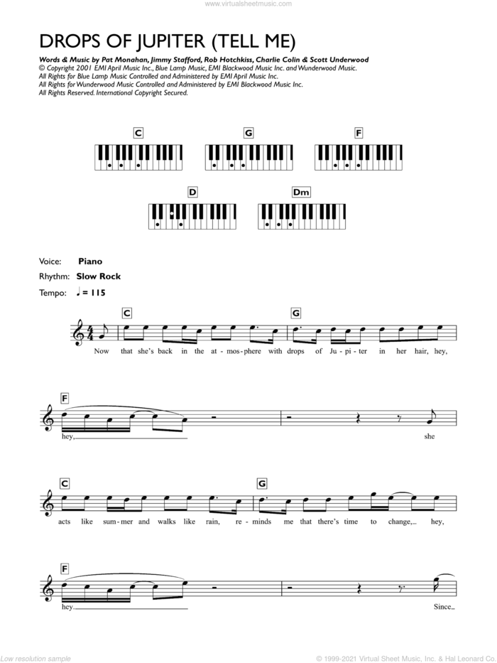 Drops Of Jupiter (Tell Me) sheet music for piano solo (chords, lyrics, melody) by Train, Clifford Colin, Jimmy Stafford, Pat Monahan, Robert Hotchkiss and Scott Underwood, intermediate piano (chords, lyrics, melody)