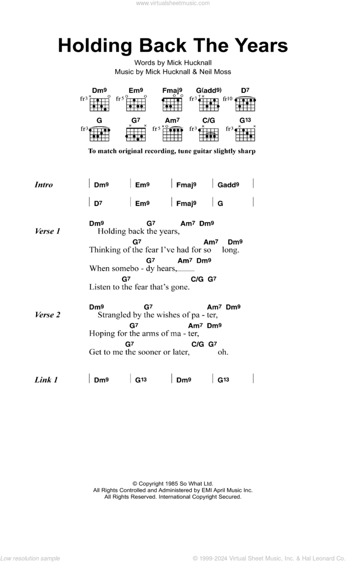 Holding Back The Years sheet music for guitar (chords) by Simply Red, Mick Hucknall and Neil Moss, intermediate skill level