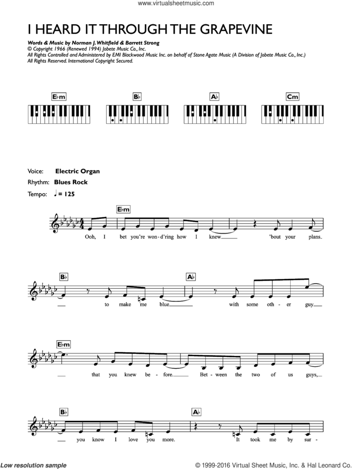 I Heard It Through The Grapevine sheet music for piano solo (chords, lyrics, melody) by Marvin Gaye, Barrett Strong and Norman Whitfield, intermediate piano (chords, lyrics, melody)