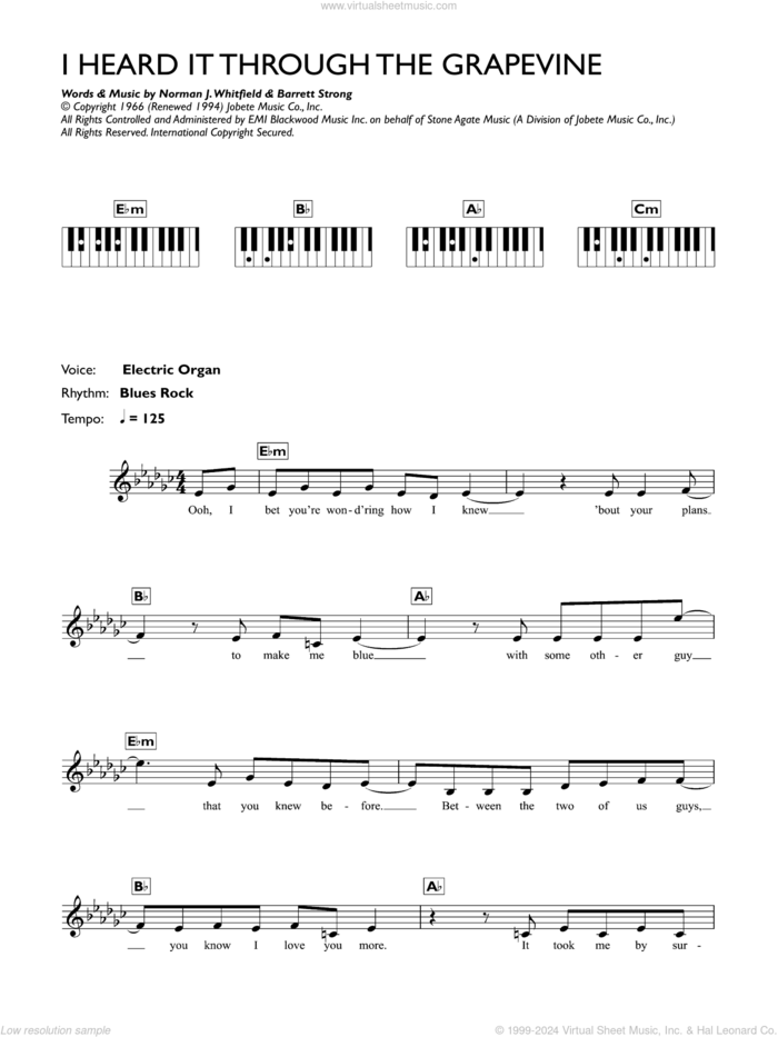 I Heard It Through The Grapevine sheet music for piano solo (chords, lyrics, melody) by Marvin Gaye, Barrett Strong and Norman Whitfield, intermediate piano (chords, lyrics, melody)