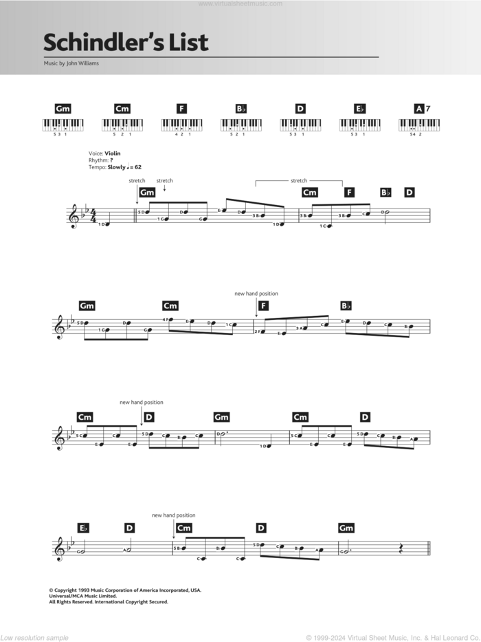 Theme From Schindler's List sheet music for piano solo (chords, lyrics, melody) by John Williams, intermediate piano (chords, lyrics, melody)