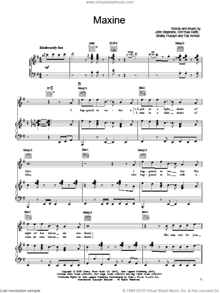 Maxine sheet music for voice, piano or guitar by John Legend, John Stephens, Shafiq Husayn and Taz Arnold, intermediate skill level