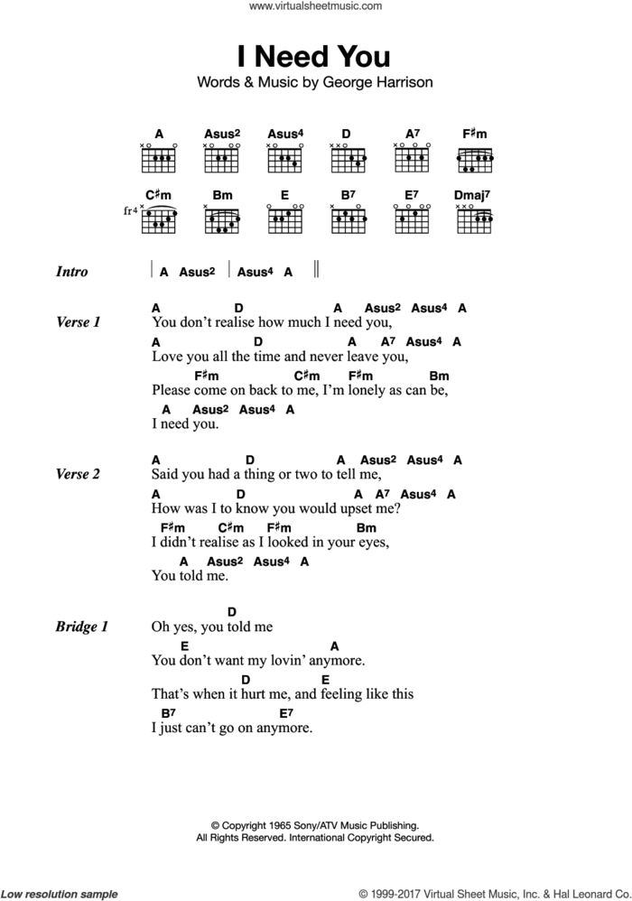 I Need You sheet music for guitar (chords) by The Beatles and George Harrison, intermediate skill level