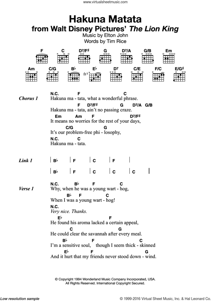 Hakuna Matata (from The Lion King) sheet music for guitar (chords) by Elton John and Tim Rice, intermediate skill level