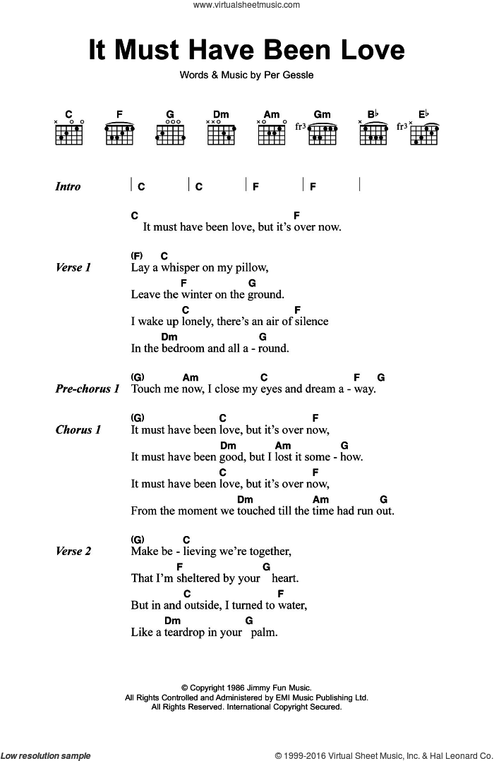 It Must Have Been Love sheet music for guitar (chords) by Roxette and Per Gessle, intermediate skill level