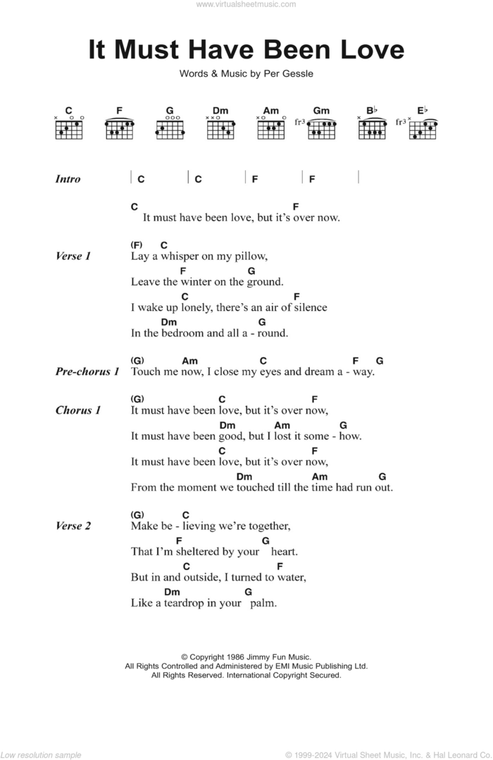 It Must Have Been Love sheet music for guitar (chords) by Roxette and Per Gessle, intermediate skill level