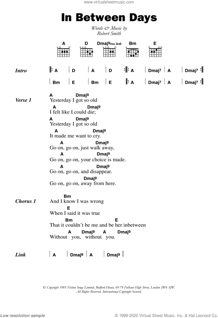 In Between Days sheet music for guitar (chords) by The Cure and Robert Smith, intermediate skill level