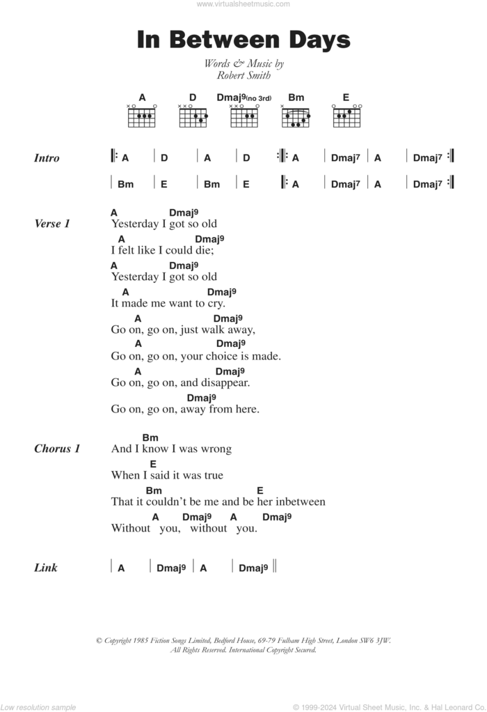 In Between Days sheet music for guitar (chords) by The Cure and Robert Smith, intermediate skill level