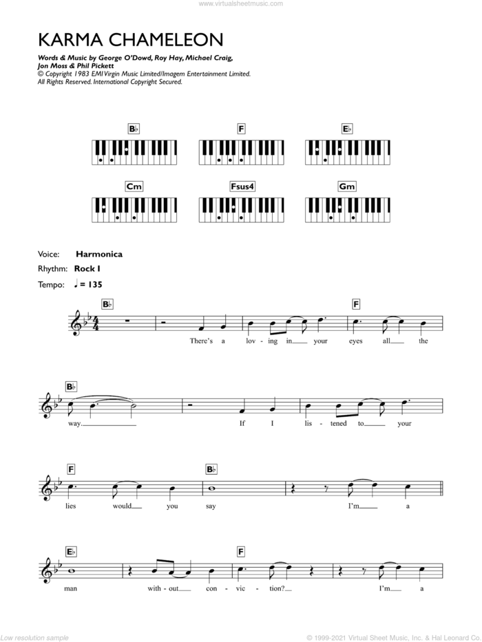 Karma Chameleon sheet music for piano solo (chords, lyrics, melody) by Culture Club, Jon Moss, Michael Craig, Phil Pickett and Roy Hay, intermediate piano (chords, lyrics, melody)