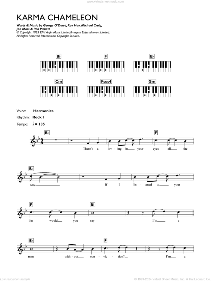 Karma Chameleon sheet music for piano solo (chords, lyrics, melody) by Culture Club, Jon Moss, Michael Craig, Phil Pickett and Roy Hay, intermediate piano (chords, lyrics, melody)