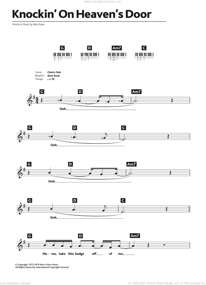 Knockin' On Heaven's Door sheet music for piano solo (chords, lyrics, melody) by Bob Dylan and Eric Clapton, intermediate piano (chords, lyrics, melody)