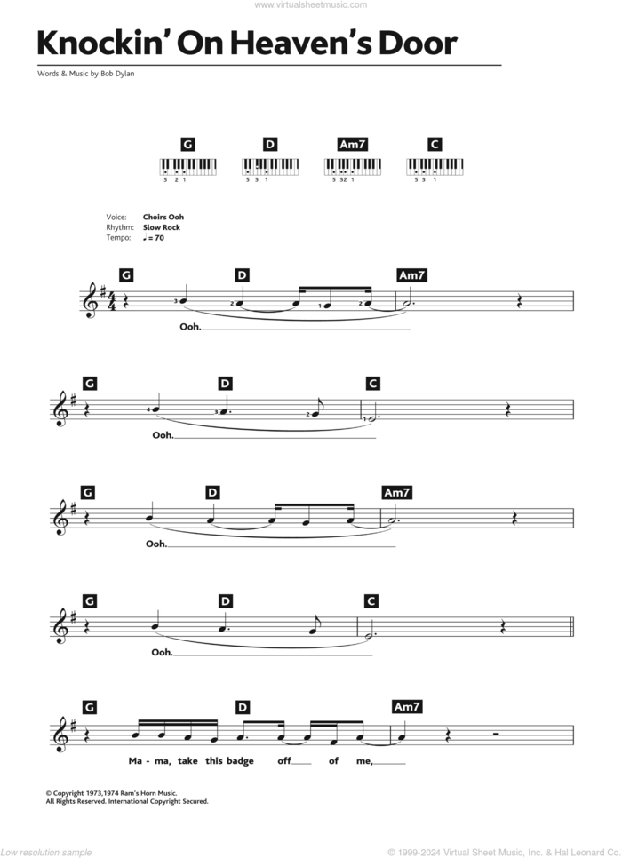 Knockin' On Heaven's Door sheet music for piano solo (chords, lyrics, melody) by Bob Dylan and Eric Clapton, intermediate piano (chords, lyrics, melody)